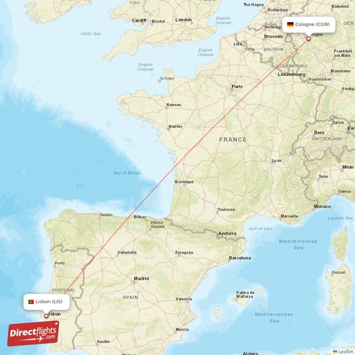 Cologne - Lisbon direct flight map