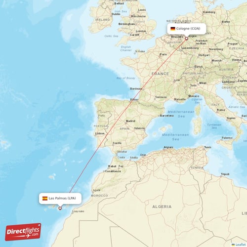 Cologne - Las Palmas direct flight map