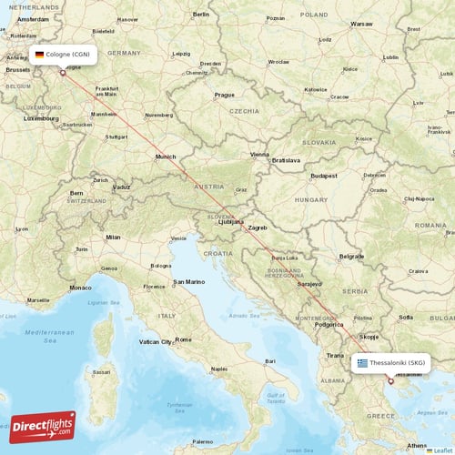 Cologne - Thessaloniki direct flight map