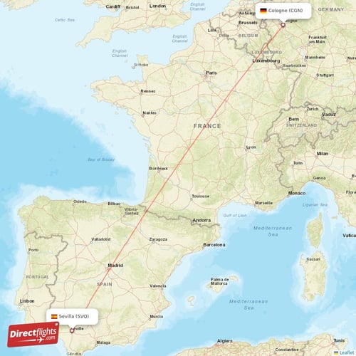 Cologne - Sevilla direct flight map