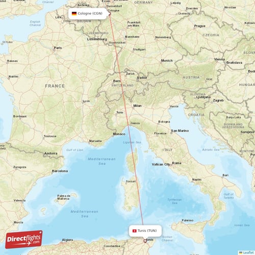 Cologne - Tunis direct flight map