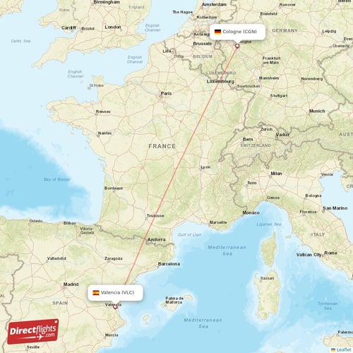 Cologne - Valencia direct flight map