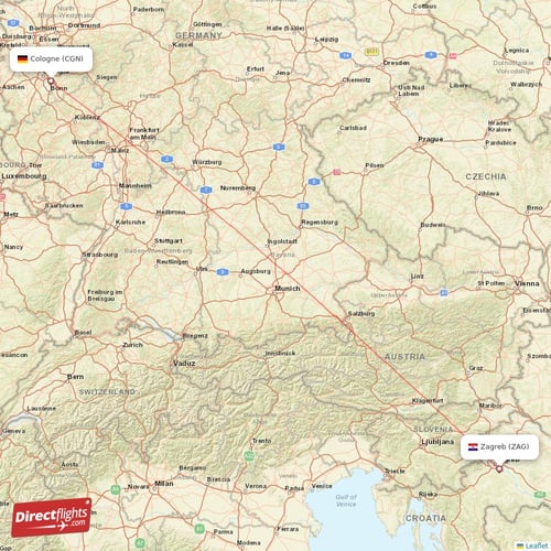 Cologne - Zagreb direct flight map