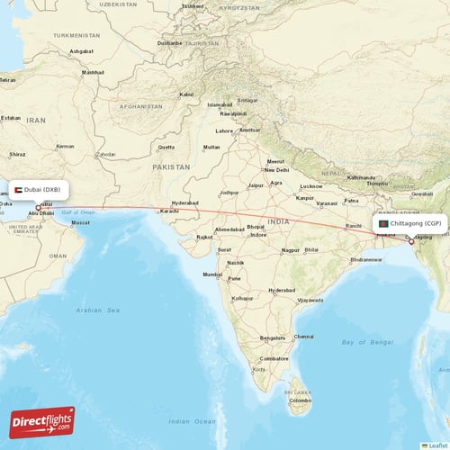 Chittagong - Dubai direct flight map