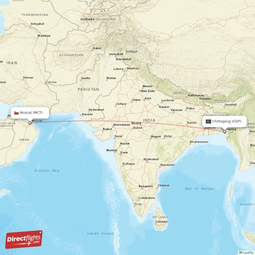 Chittagong - Muscat direct flight map