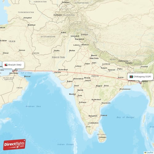 Chittagong - Sharjah direct flight map