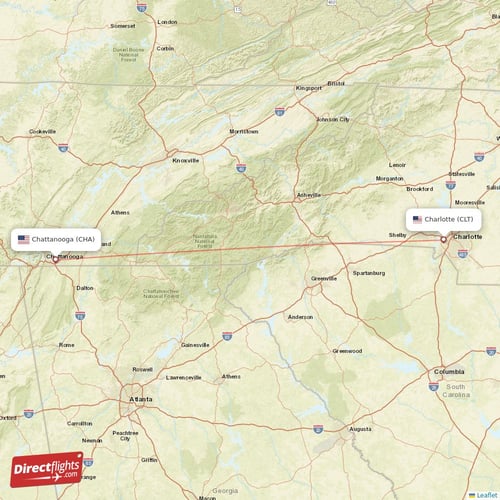 Chattanooga - Charlotte direct flight map