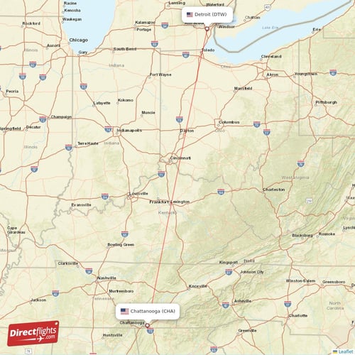 Chattanooga - Detroit direct flight map