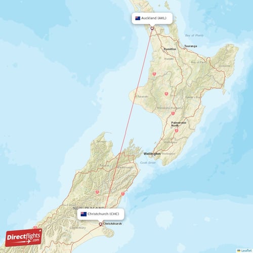 Christchurch - Auckland direct flight map