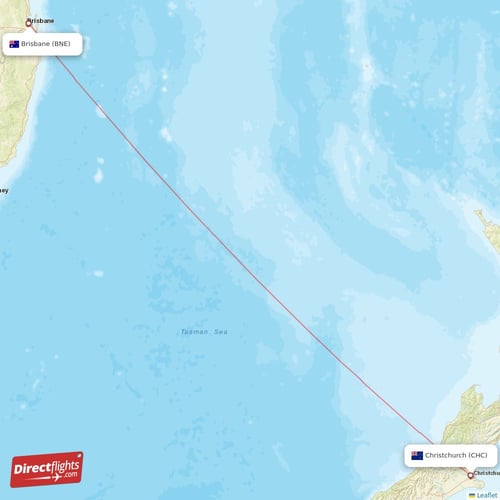 Christchurch - Brisbane direct flight map