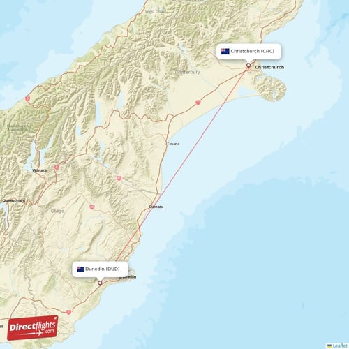 Christchurch - Dunedin direct flight map