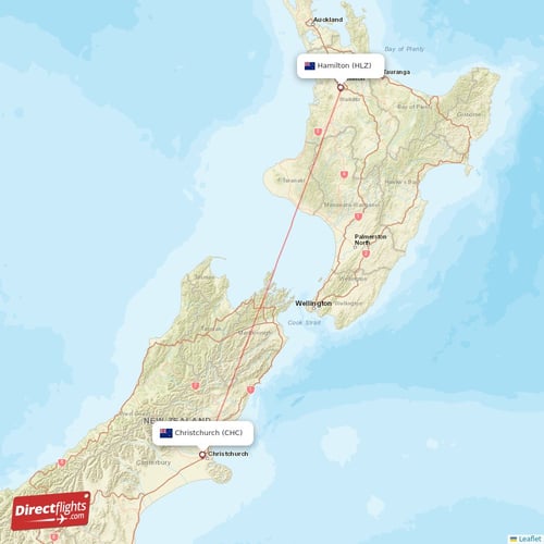 Christchurch - Hamilton direct flight map