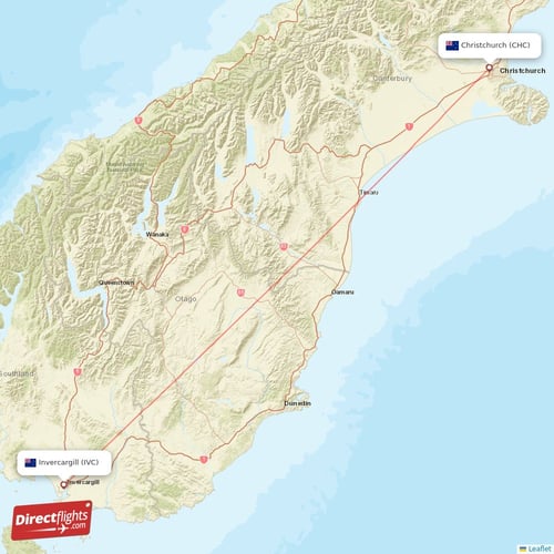 Christchurch - Invercargill direct flight map