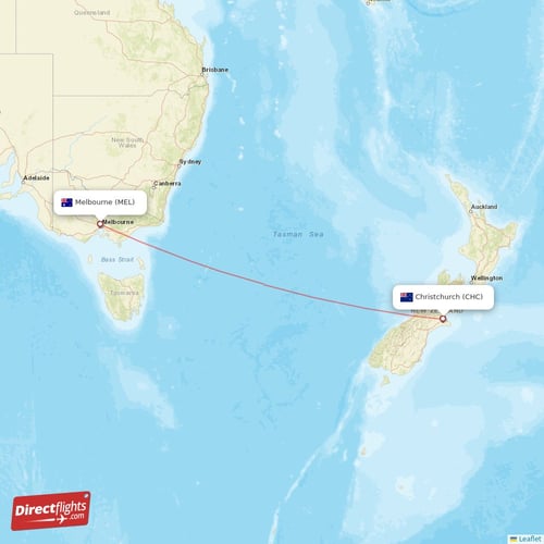 Christchurch - Melbourne direct flight map