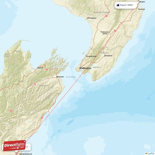 Christchurch - Napier direct flight map