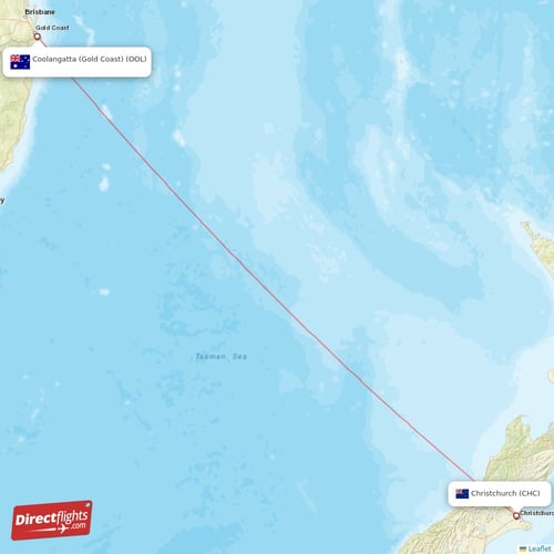 Christchurch - Coolangatta (Gold Coast) direct flight map