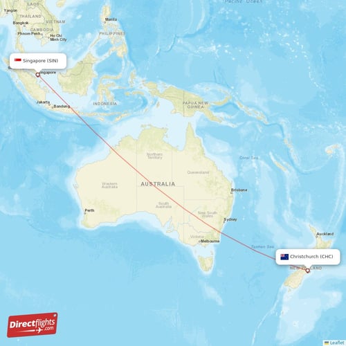 Christchurch - Singapore direct flight map