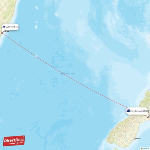 Christchurch - Sydney direct flight map