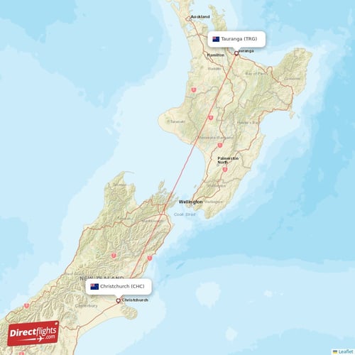 Christchurch - Tauranga direct flight map