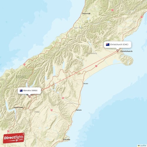 Christchurch - Wanaka direct flight map