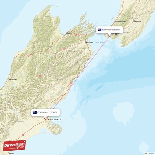 Christchurch - Wellington direct flight map