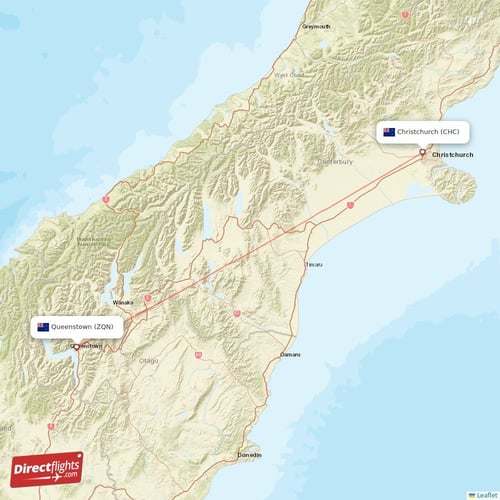 Christchurch - Queenstown direct flight map