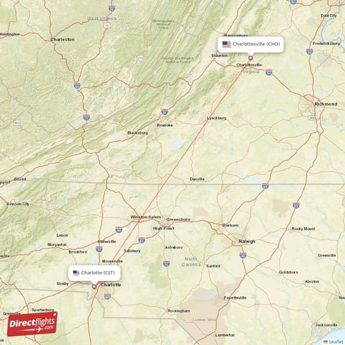Charlottesville - Charlotte direct flight map