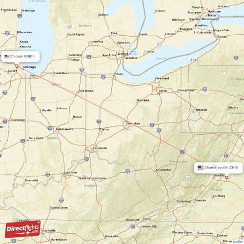 Charlottesville - Chicago direct flight map