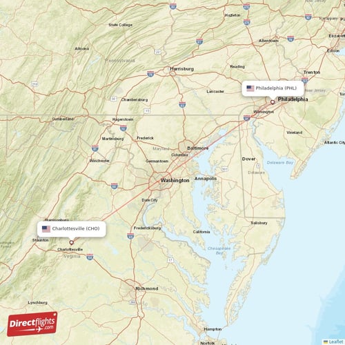 Charlottesville - Philadelphia direct flight map