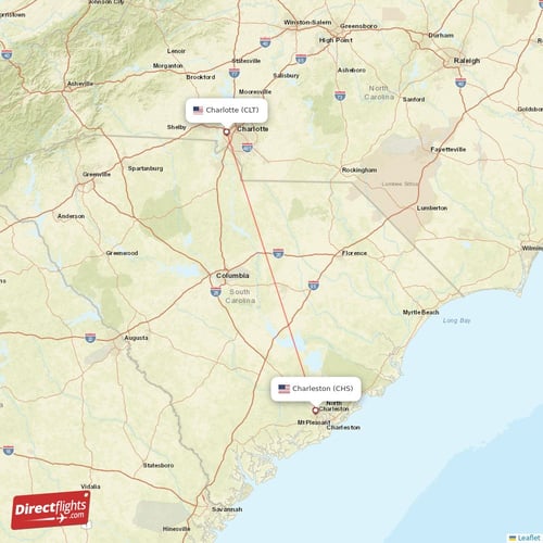 Charleston - Charlotte direct flight map