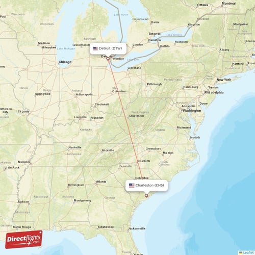 Charleston - Detroit direct flight map