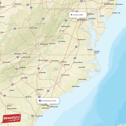 Charleston - Dulles direct flight map
