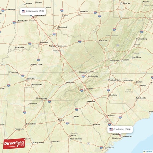 Charleston - Indianapolis direct flight map