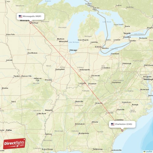 Charleston - Minneapolis direct flight map