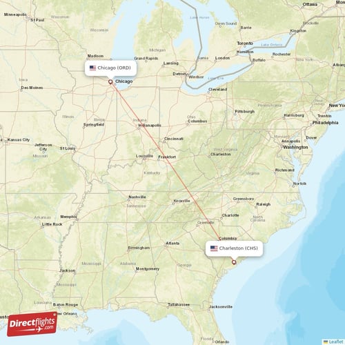 Charleston - Chicago direct flight map
