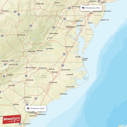 Charleston - Philadelphia direct flight map