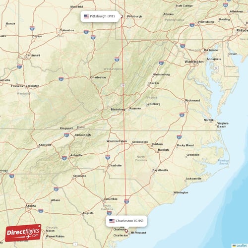 Charleston - Pittsburgh direct flight map