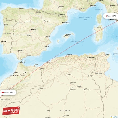 Rome - Agadir direct flight map