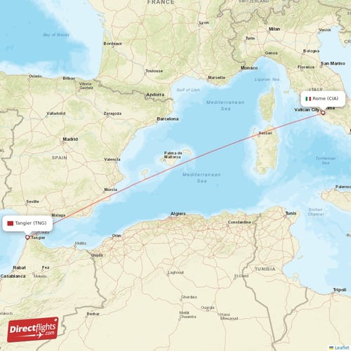 Rome - Tangier direct flight map