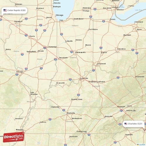 Cedar Rapids - Charlotte direct flight map