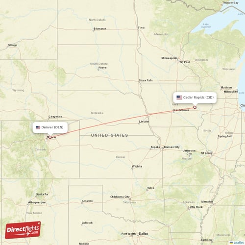 Cedar Rapids - Denver direct flight map