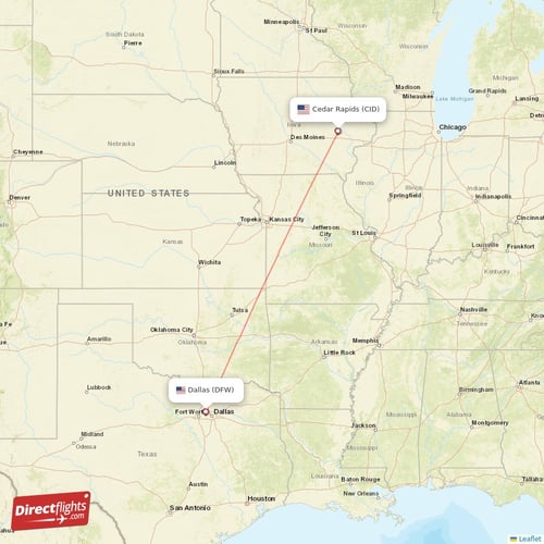 Cedar Rapids - Dallas direct flight map