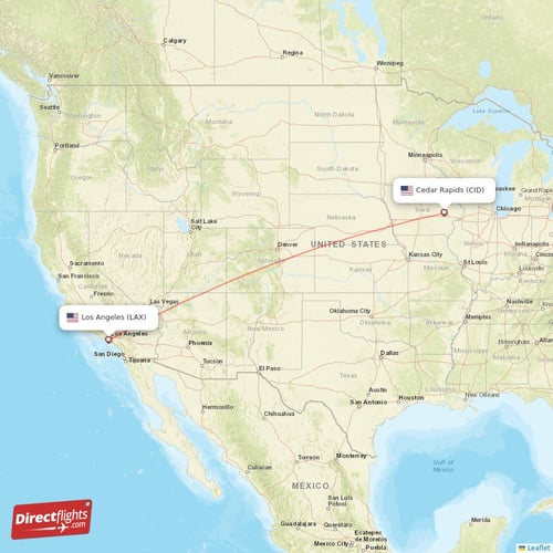 Cedar Rapids - Los Angeles direct flight map