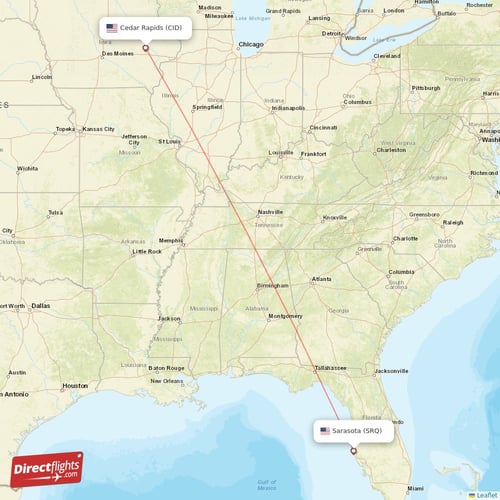 Cedar Rapids - Sarasota direct flight map