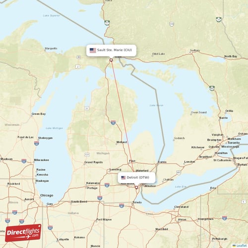 Sault Ste. Marie - Detroit direct flight map
