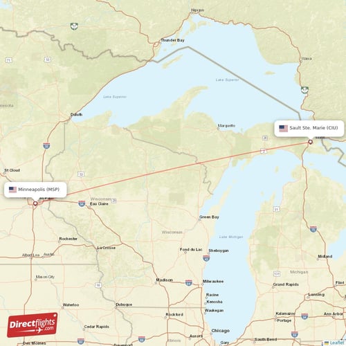 Sault Ste. Marie - Minneapolis direct flight map