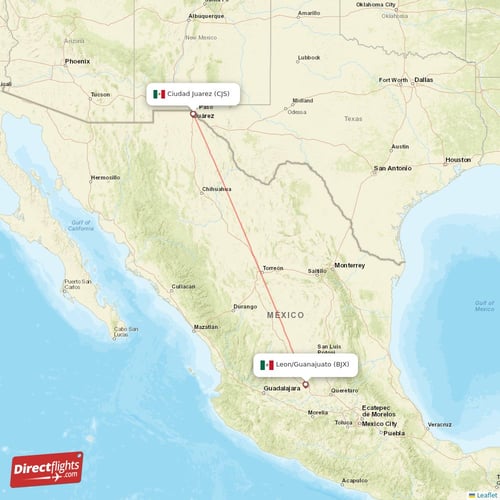 Ciudad Juarez - Leon/Guanajuato direct flight map
