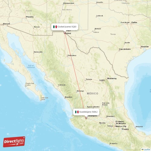Ciudad Juarez - Guadalajara direct flight map