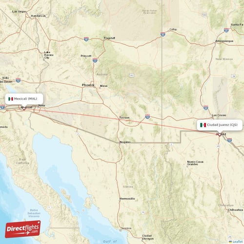 Ciudad Juarez - Mexicali direct flight map