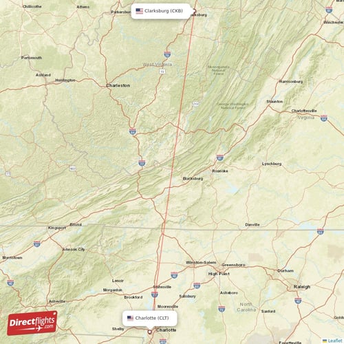 Clarksburg - Charlotte direct flight map